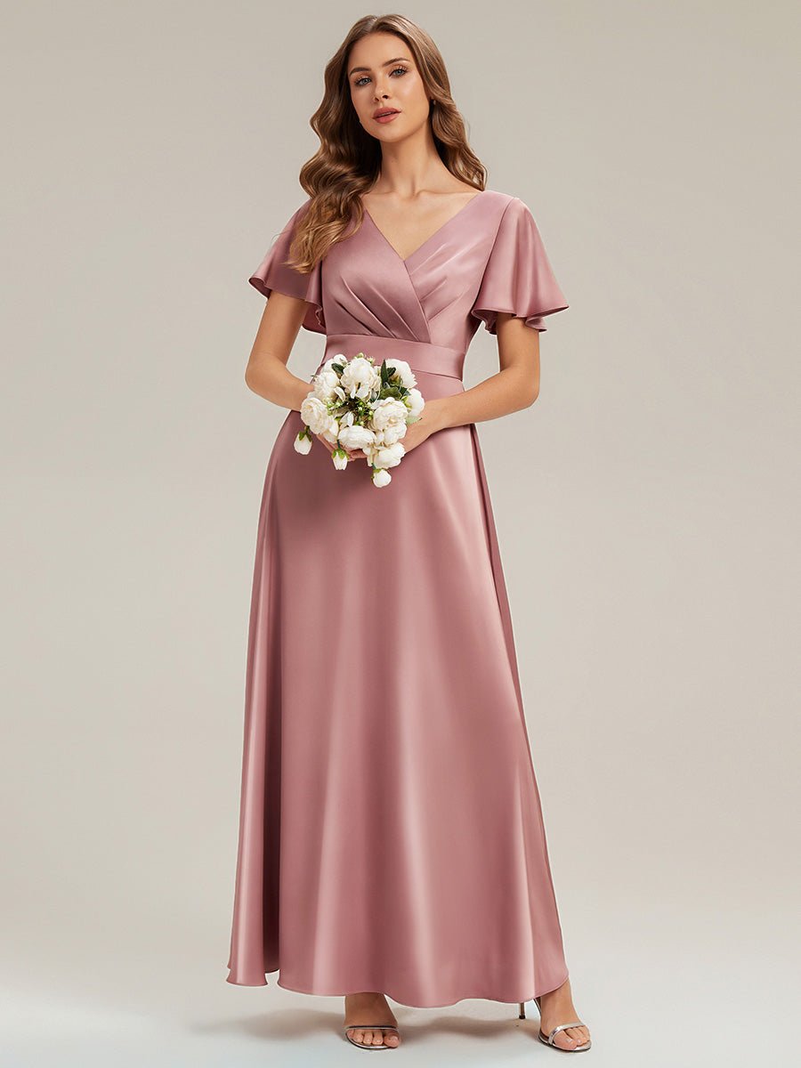 Gathered Satin Ruffle Sleeve Bridesmaid Dress