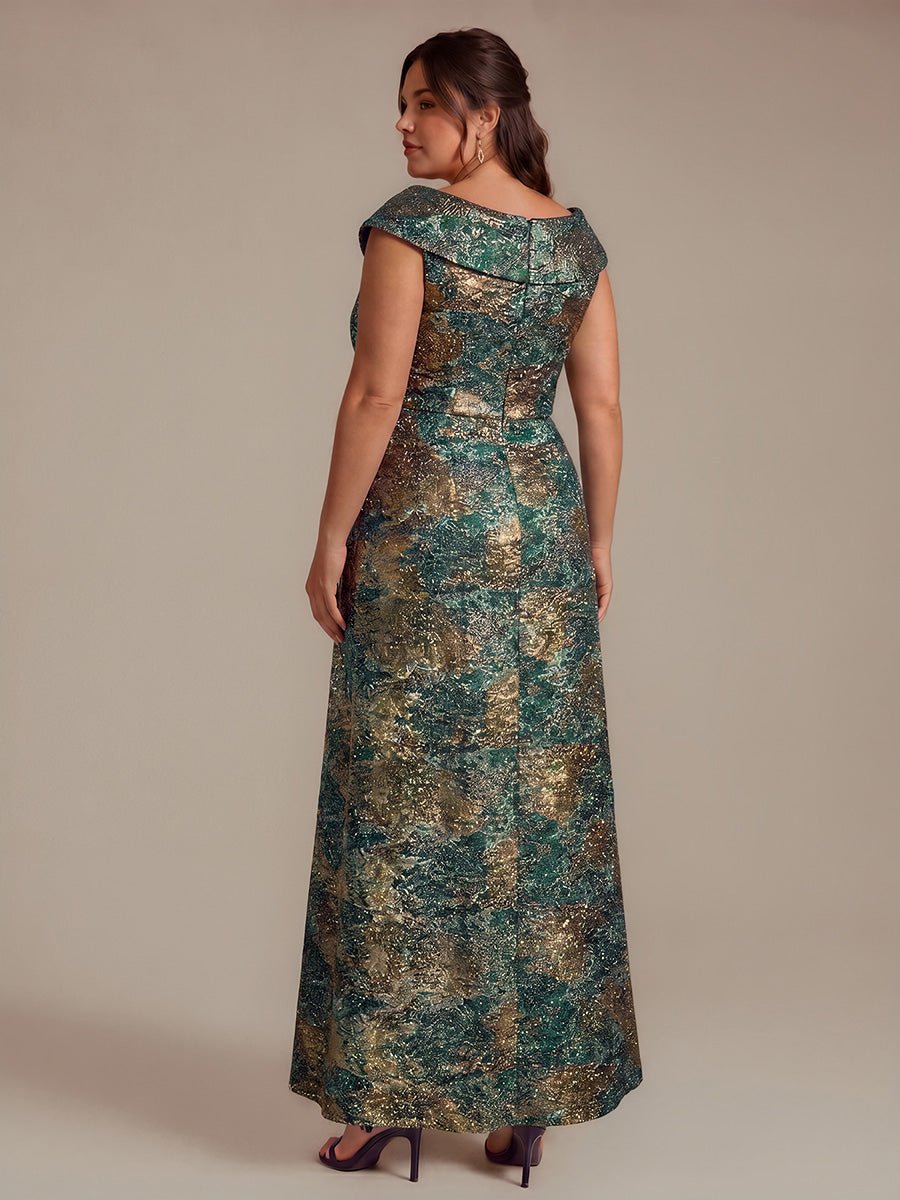 Plus Size Slit Jacquard Cap Sleeve Evening Dress