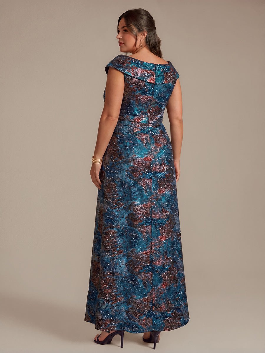 Plus Size Slit Jacquard Cap Sleeve Evening Dress