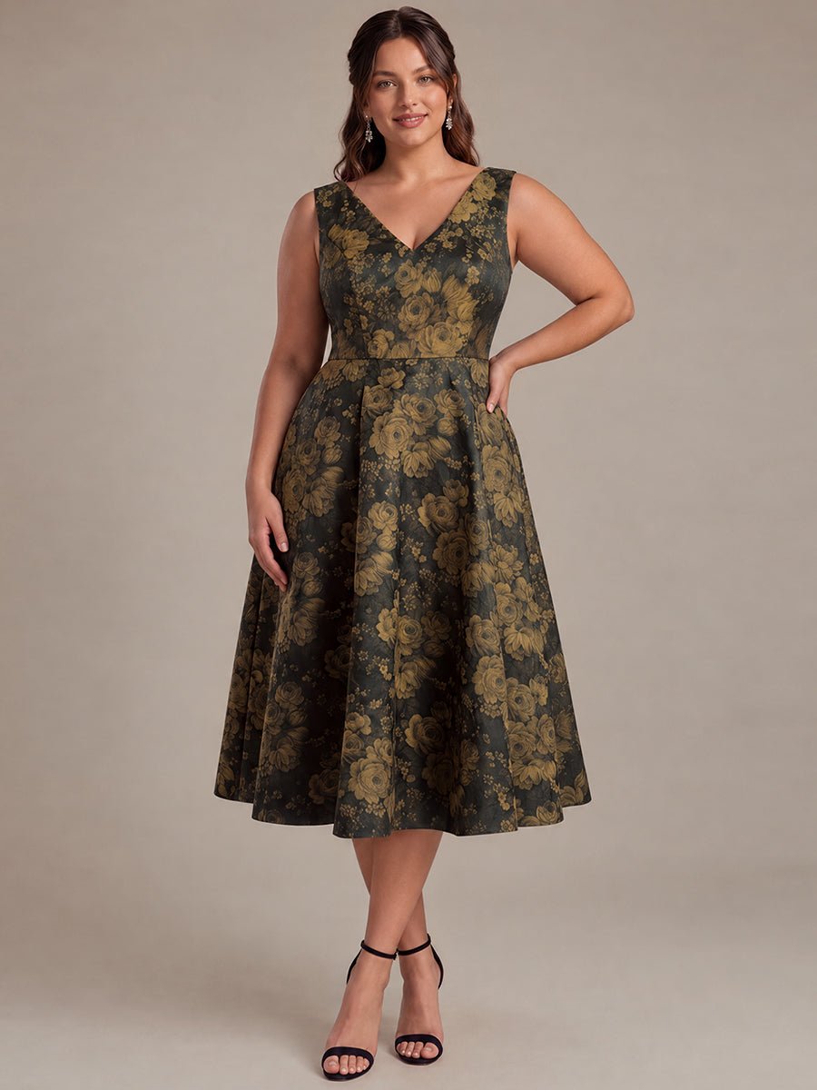 Plus Size Floral Print Jacquard Cap Sleeve Wedding Guest Dress