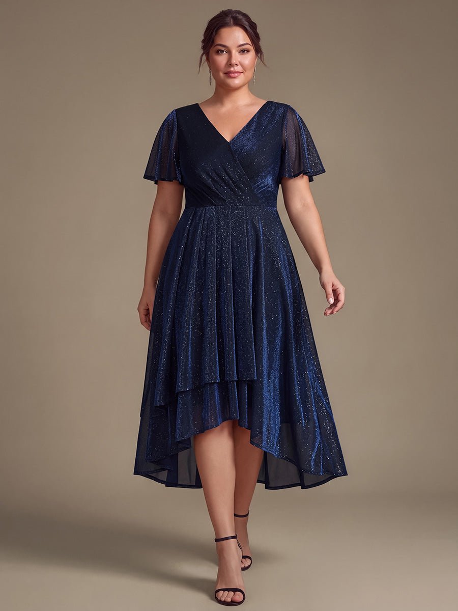 Plus Size Lurex Mesh Ruffle Sleeve Cocktail Dress for Wedding Guest
