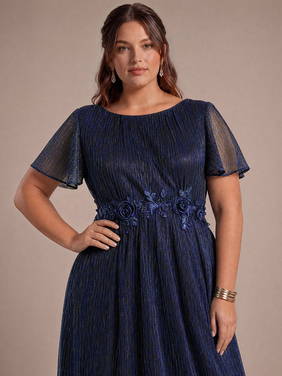 Plus Size Lurex Tulle Shimmer Short Sleeve Evening Dress