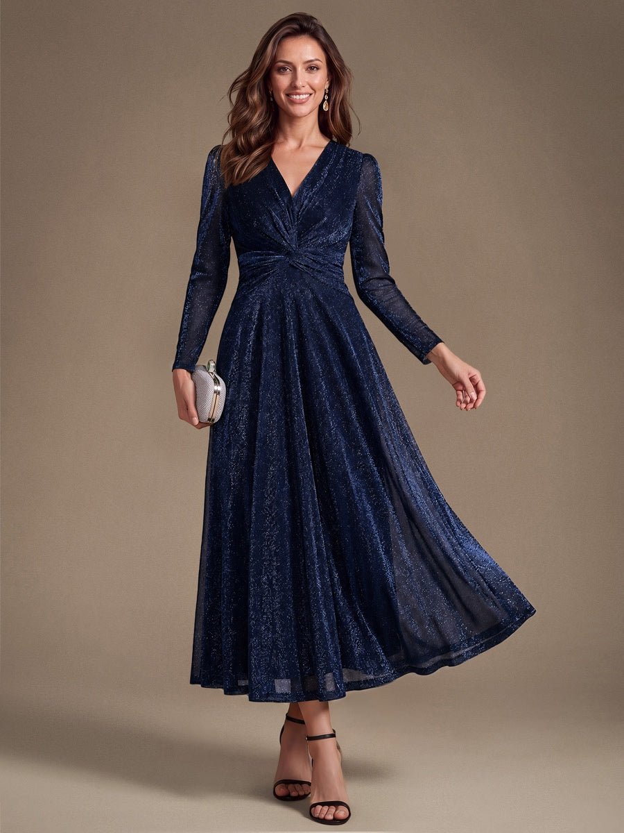 Knot Detail Knit Glitter Long Sleeve Wedding Guest Dress