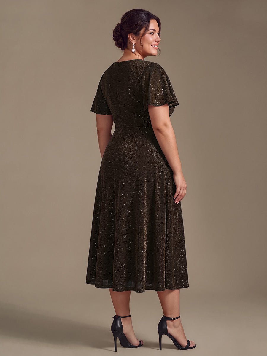 Plus Size Lurex Mesh Ruffle Sleeve Cocktail Dress for Wedding Guest
