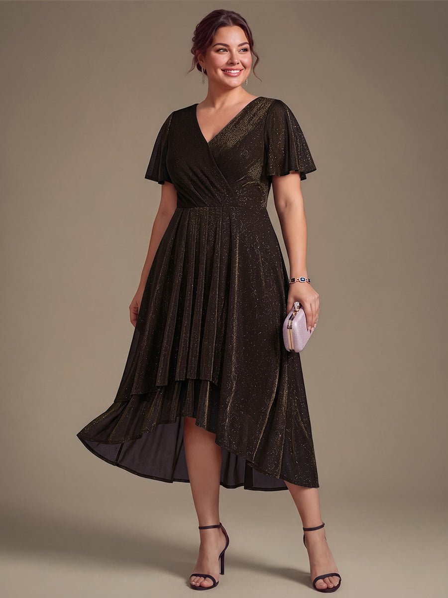 Plus Size Lurex Mesh Ruffle Sleeve Cocktail Dress for Wedding Guest