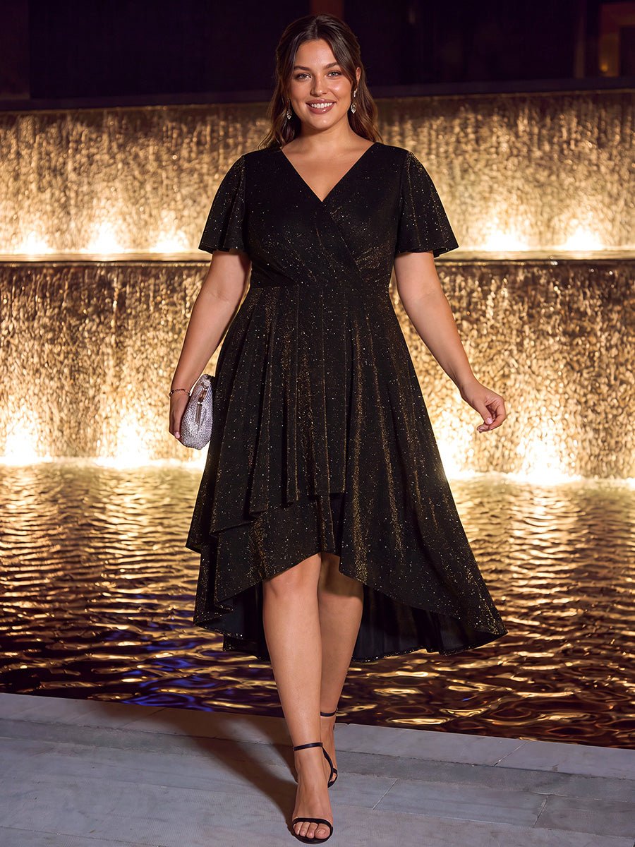 Plus Size Lurex Mesh Ruffle Sleeve Cocktail Dress for Wedding Guest