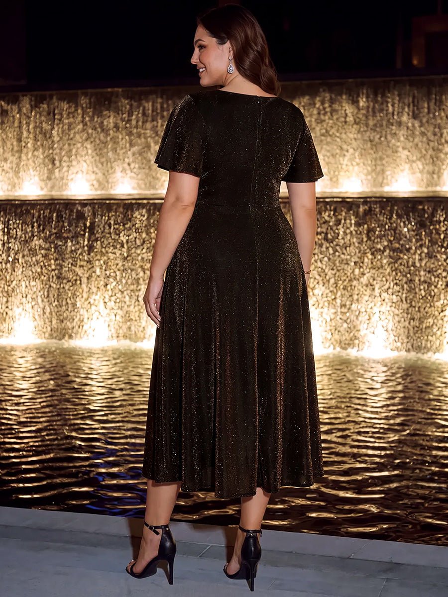 Plus Size Lurex Mesh Ruffle Sleeve Cocktail Dress for Wedding Guest