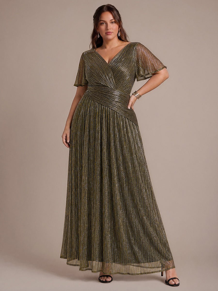 Plus Size Pleating Lurex Tulle Ruffle Sleeve Evening Dress