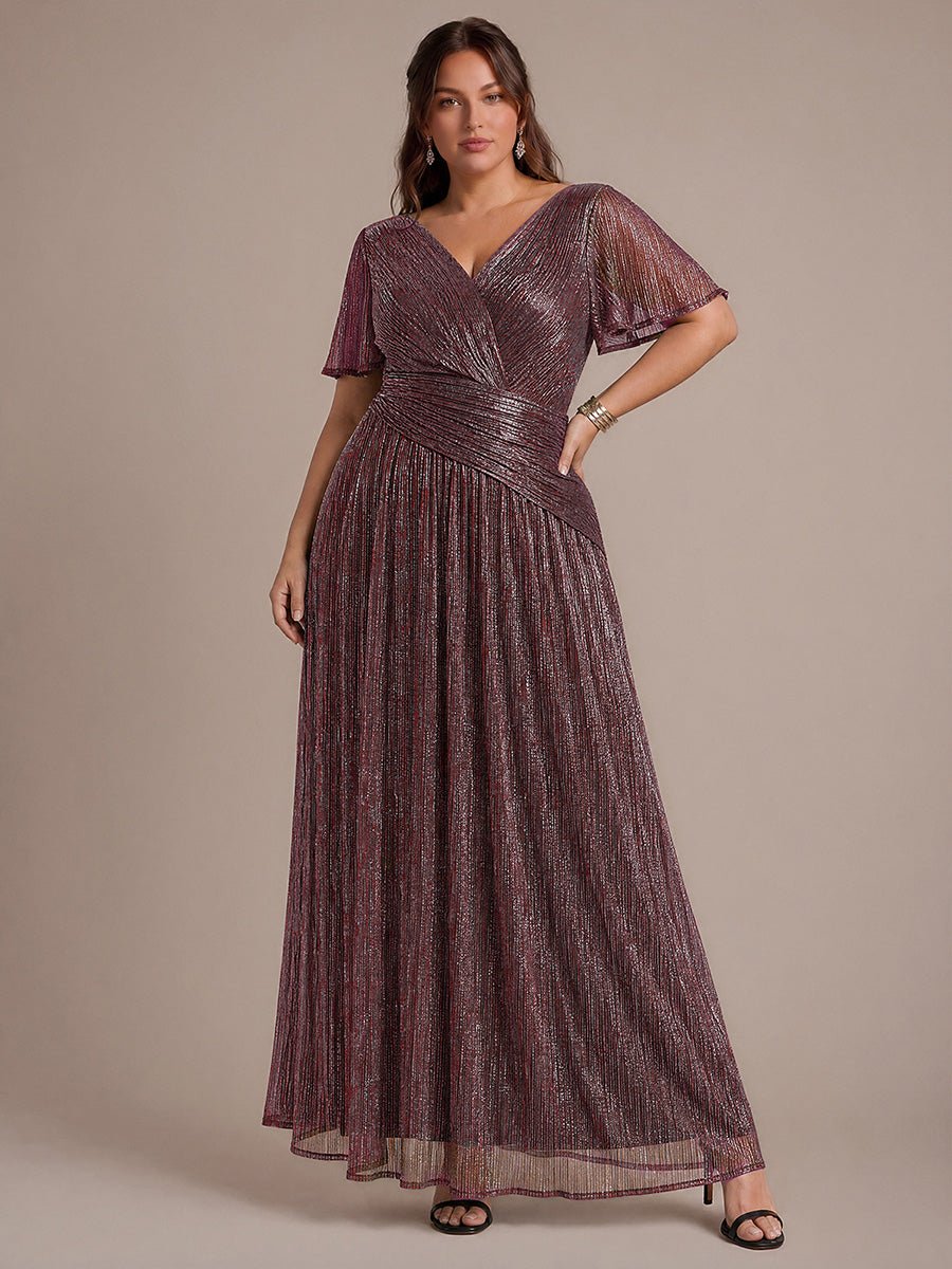 Plus Size Pleating Lurex Tulle Ruffle Sleeve Evening Dress