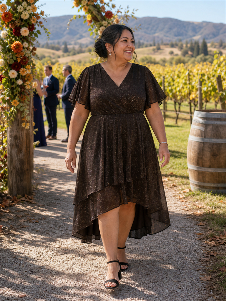 Plus Size Lurex Mesh Ruffle Sleeve Cocktail Dress for Wedding Guest