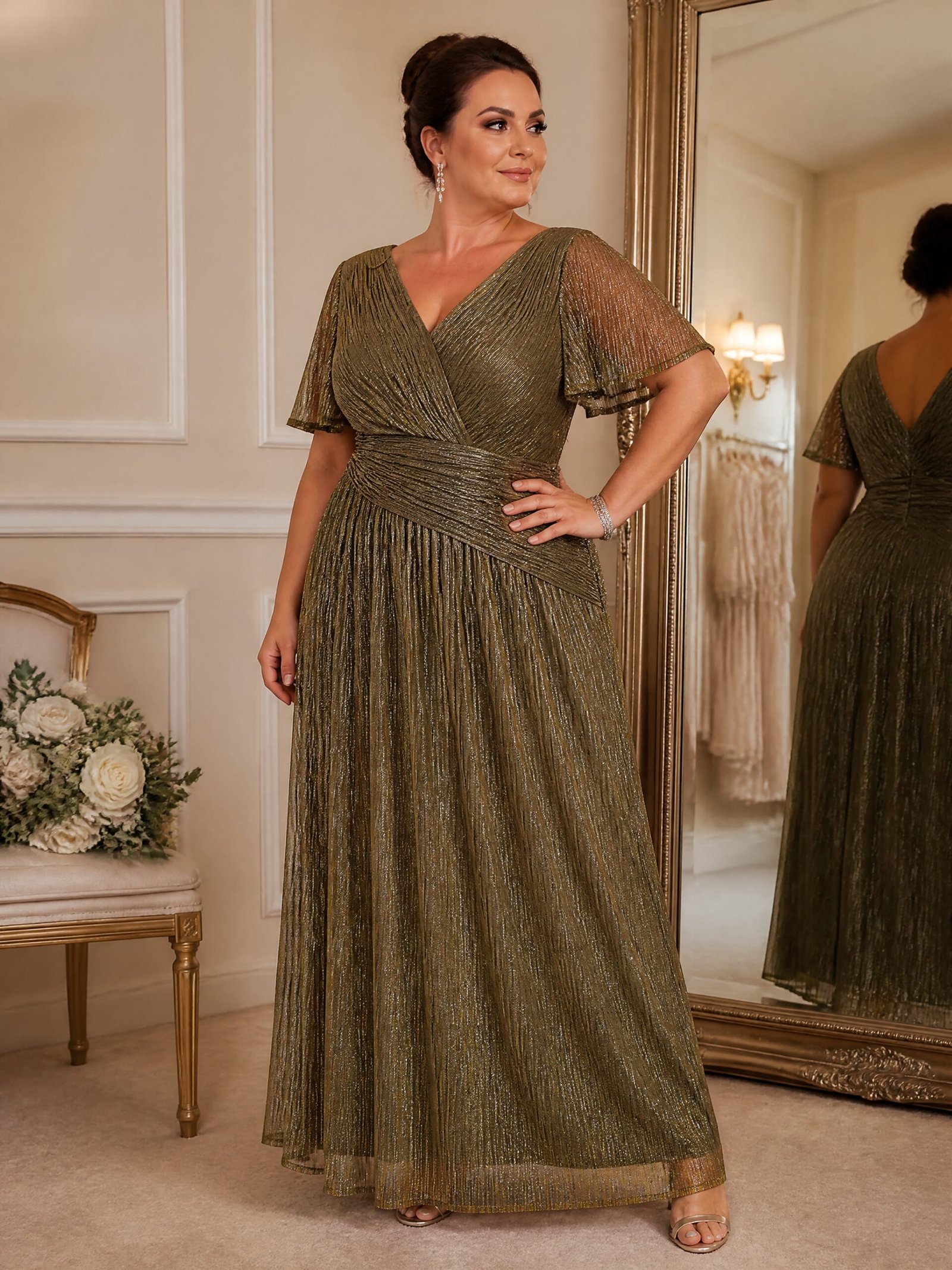 Plus Size Pleating Lurex Tulle Ruffle Sleeve Evening Dress