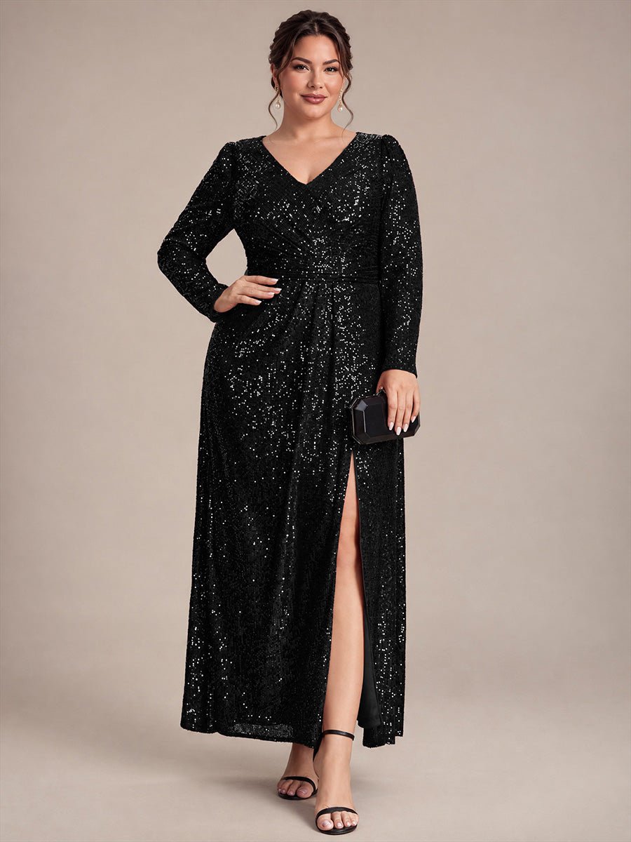Plus Size Sequins Fitted Long Sleeve Evening Dress