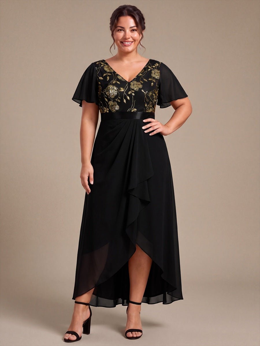 Sequin Chiffon Ruffle Sleeve Mother of the Bride Dress