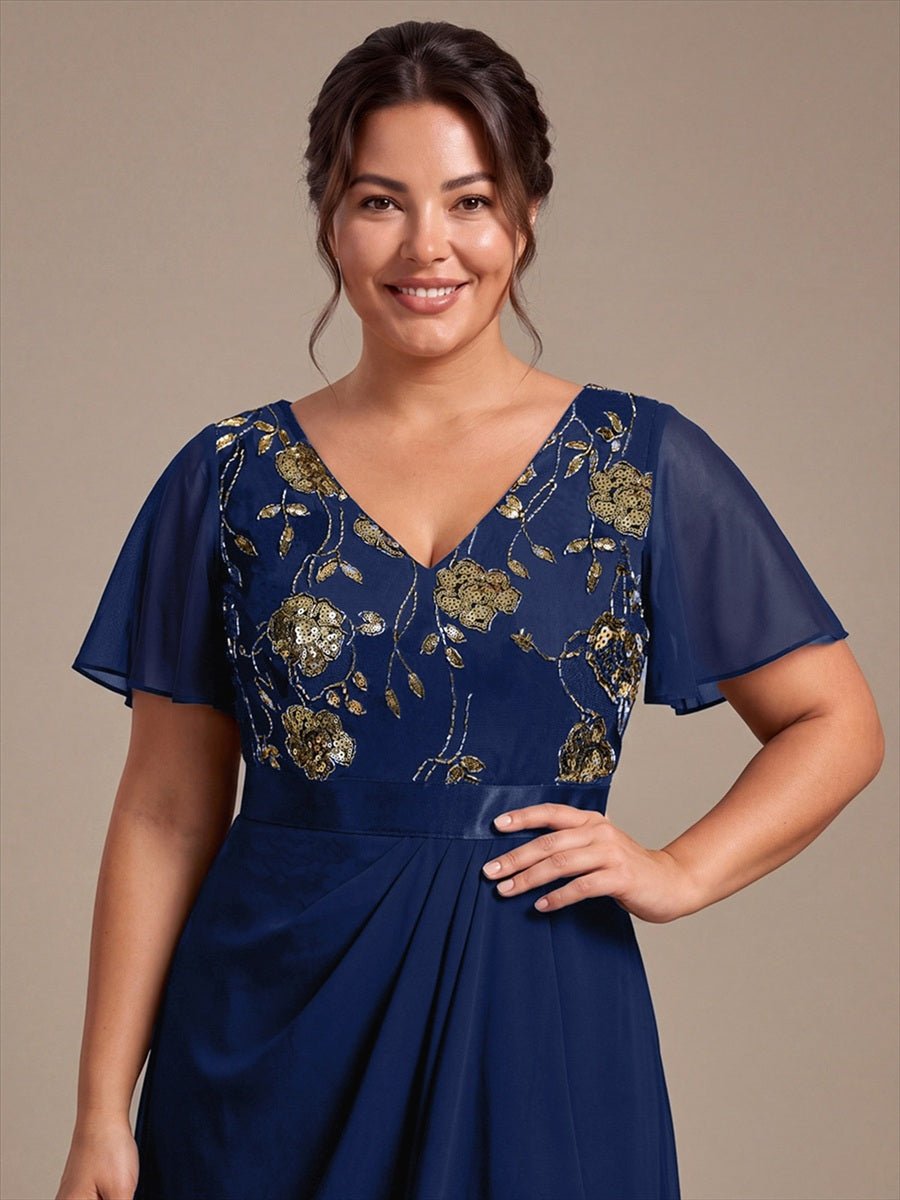 Sequin Chiffon Ruffle Sleeve Mother of the Bride Dress