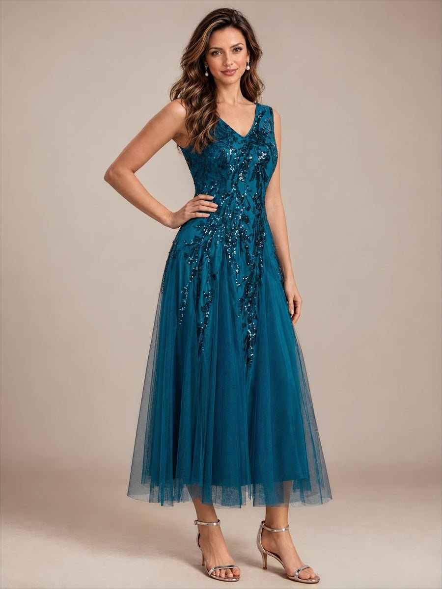 Sequin Sleeveless Midi Wedding Guest Dress