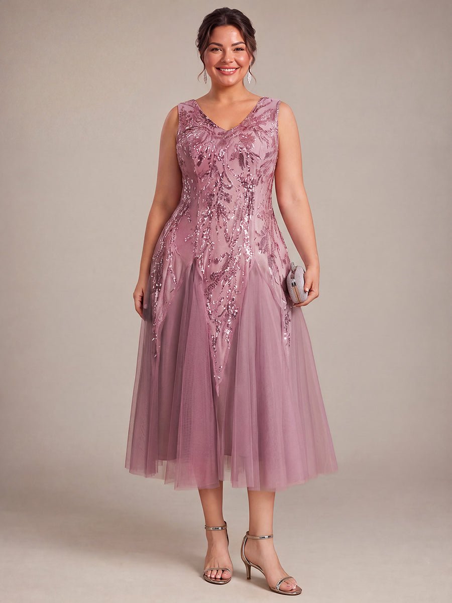 Plus Size Sequin Sleeveless Midi Wedding Guest Dress