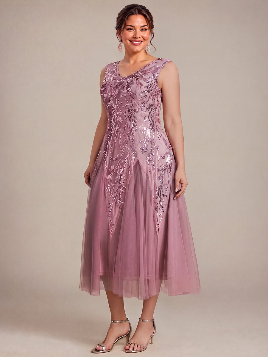 Plus Size Sequin Sleeveless Midi Wedding Guest Dress