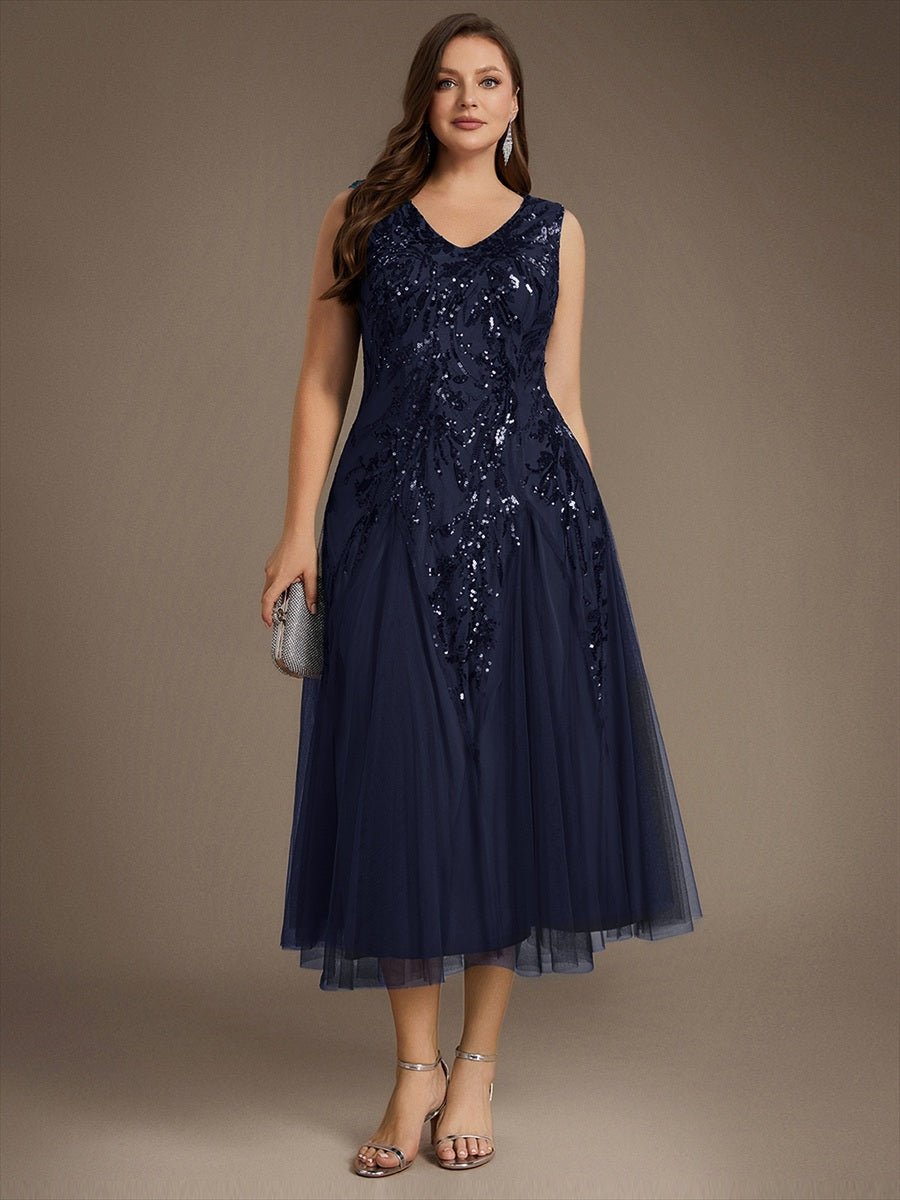 Plus Size Sequin Sleeveless Midi Wedding Guest Dress