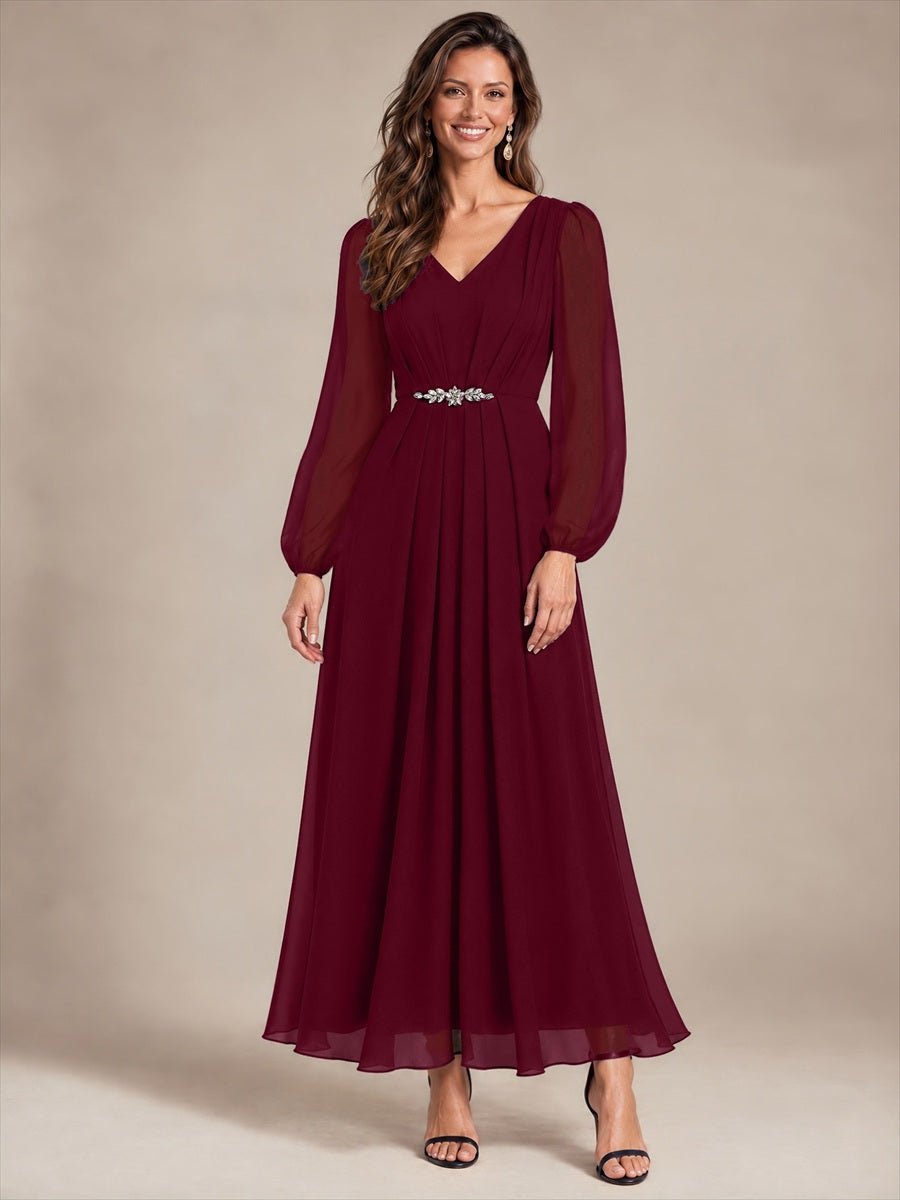 Pleating Chiffon Puff Sleeve Mother of the Bride Dress