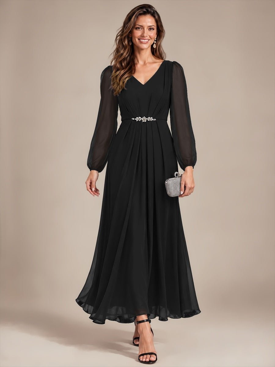 Pleating Chiffon Puff Sleeve Mother of the Bride Dress