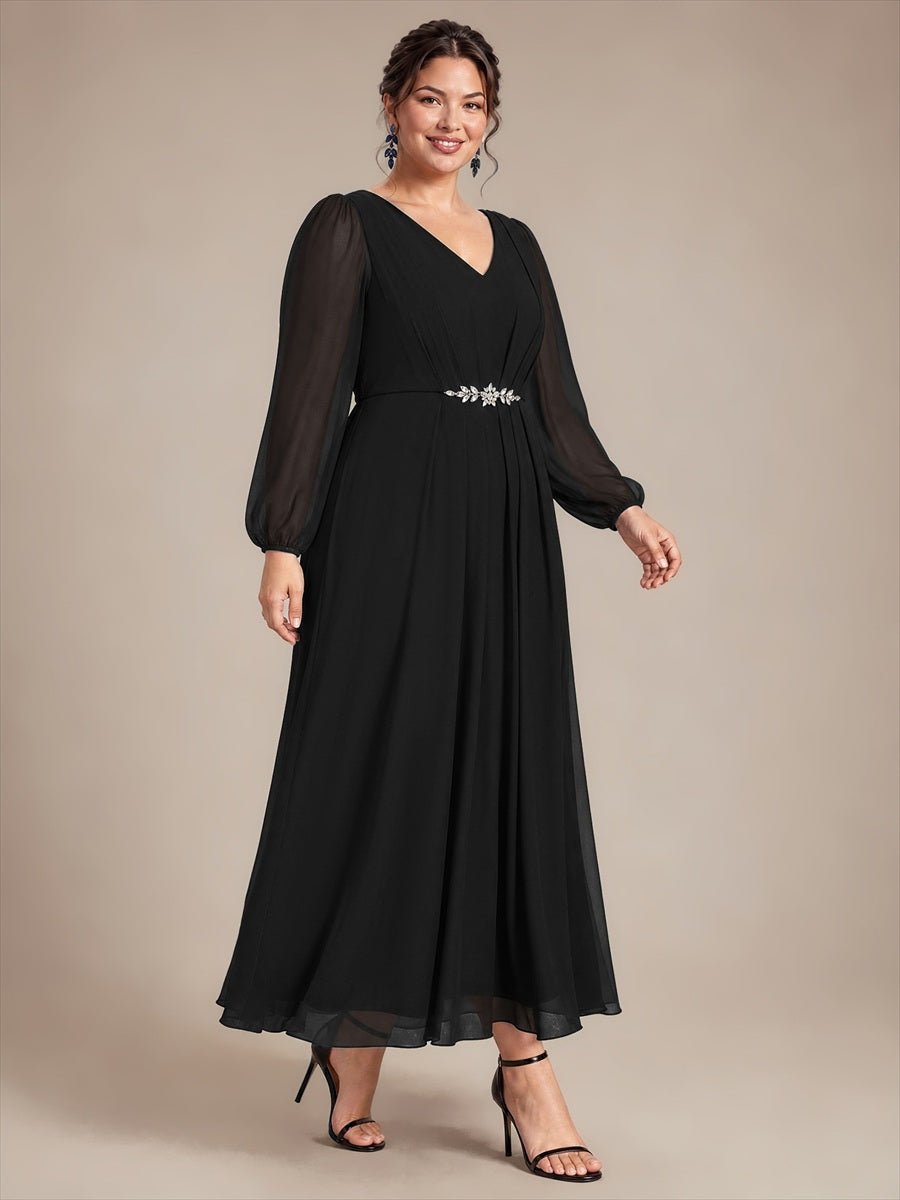 Pleating Chiffon Puff Sleeve Mother of the Bride Dress