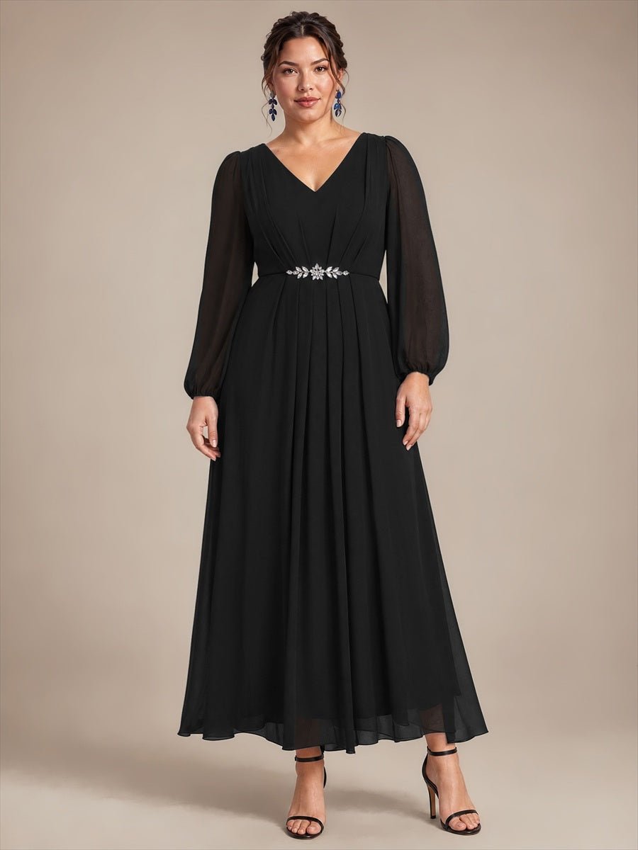Pleating Chiffon Puff Sleeve Mother of the Bride Dress
