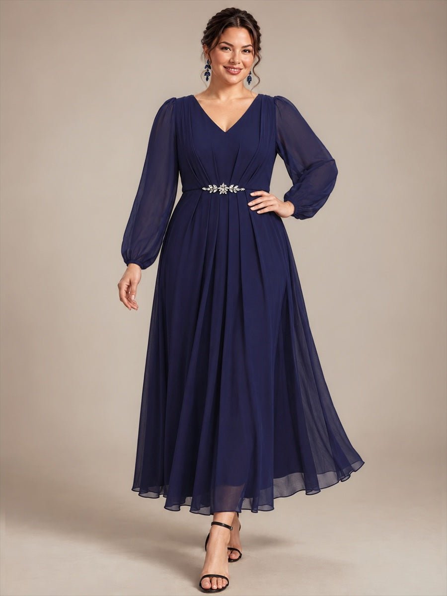 Pleating Chiffon Puff Sleeve Mother of the Bride Dress