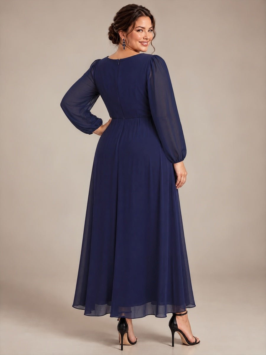 Pleating Chiffon Puff Sleeve Mother of the Bride Dress