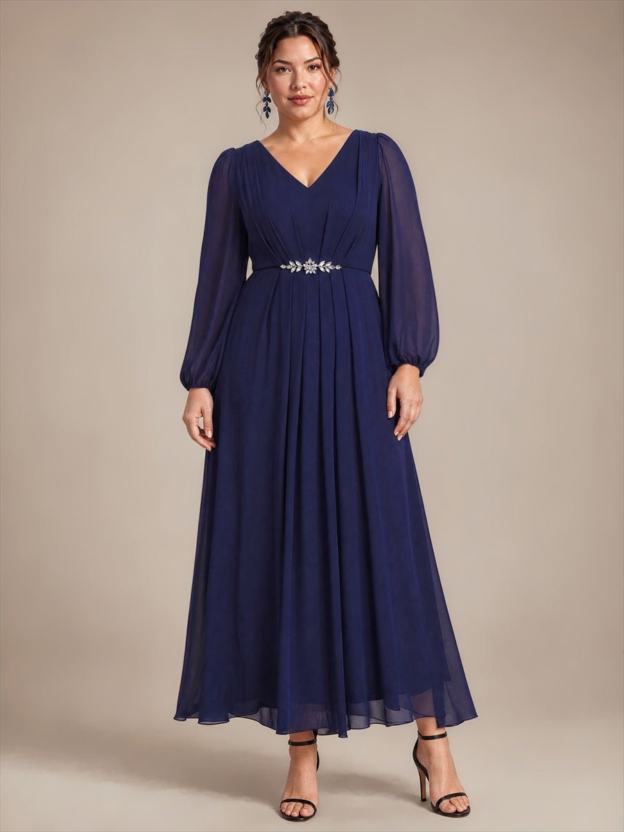 Pleating Chiffon Puff Sleeve Mother of the Bride Dress